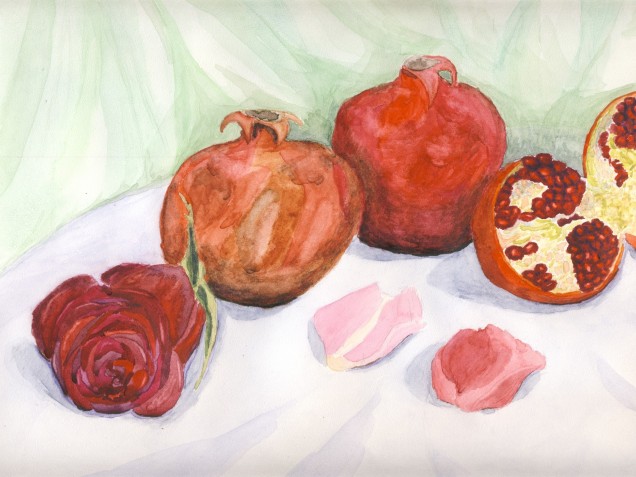 Николаева Ольга «Лепестки роз и гранат». Бумага, акварель. 2014 г.
