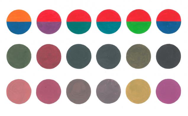 Таблица 13. Различия механического и оптического смешения цветов. 1-ый ряд — смешиваемые цвета, 2-ой ряд — механическое смешение, 3-ий ряд — оптическое смешение.