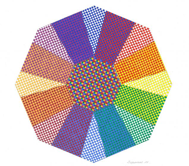 Таблица 17. Оптическое смешение цветов в геометрической композиции в пуантилистическом стиле