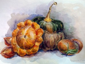 Чекурина Галина «Натюрморт с патиссоном». Бумага, акварель, 2017 г.