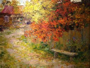 Полянский Борис. "Деревенька в убранстве осеннем...". Картон, масло, 212, 2014 гг.