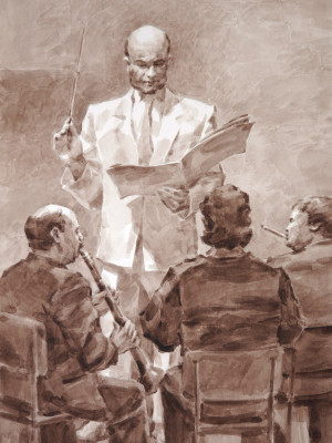 «Под руководством на деревянных инструментах». Бумага, сепия. 2012 г.