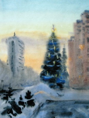 «Новый год на Октябрьском». Бумага, акварель. 2011 г.