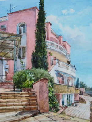«Отель „Розовый фламинго“» (Крым). Бумага, акварель. 2016 г.