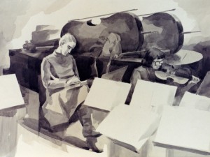 «Перерыв у каждого свой». Бумага, акварель. 1987(?) г.