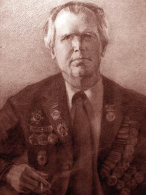 «Портрет художника-оформителя Дикунова К.И.» Ветеран войны 1939-1946 г. Ветеран Метростроя. Гвардии лейтенант в отставке, сапер. Бумага, уголь. 2010 г.