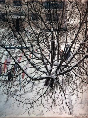 «Ясень во дворе». Бумага, акварель. 1985 г.